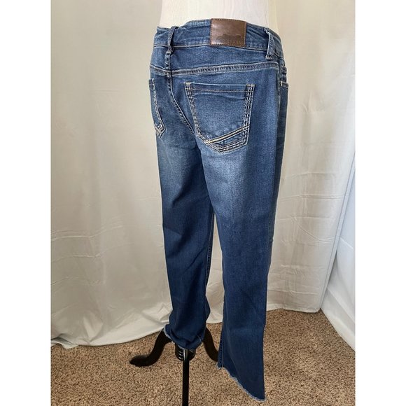 Maurices Dark/Medium-Wash Faded Lightly Distressed Straight Leg Raw Bottom Jeans - Picture 5 of 12